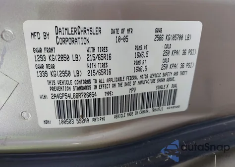 2006 Chrysler Town & Country Touring из США, поврежденный, VIN 2A4GP54L66R706054